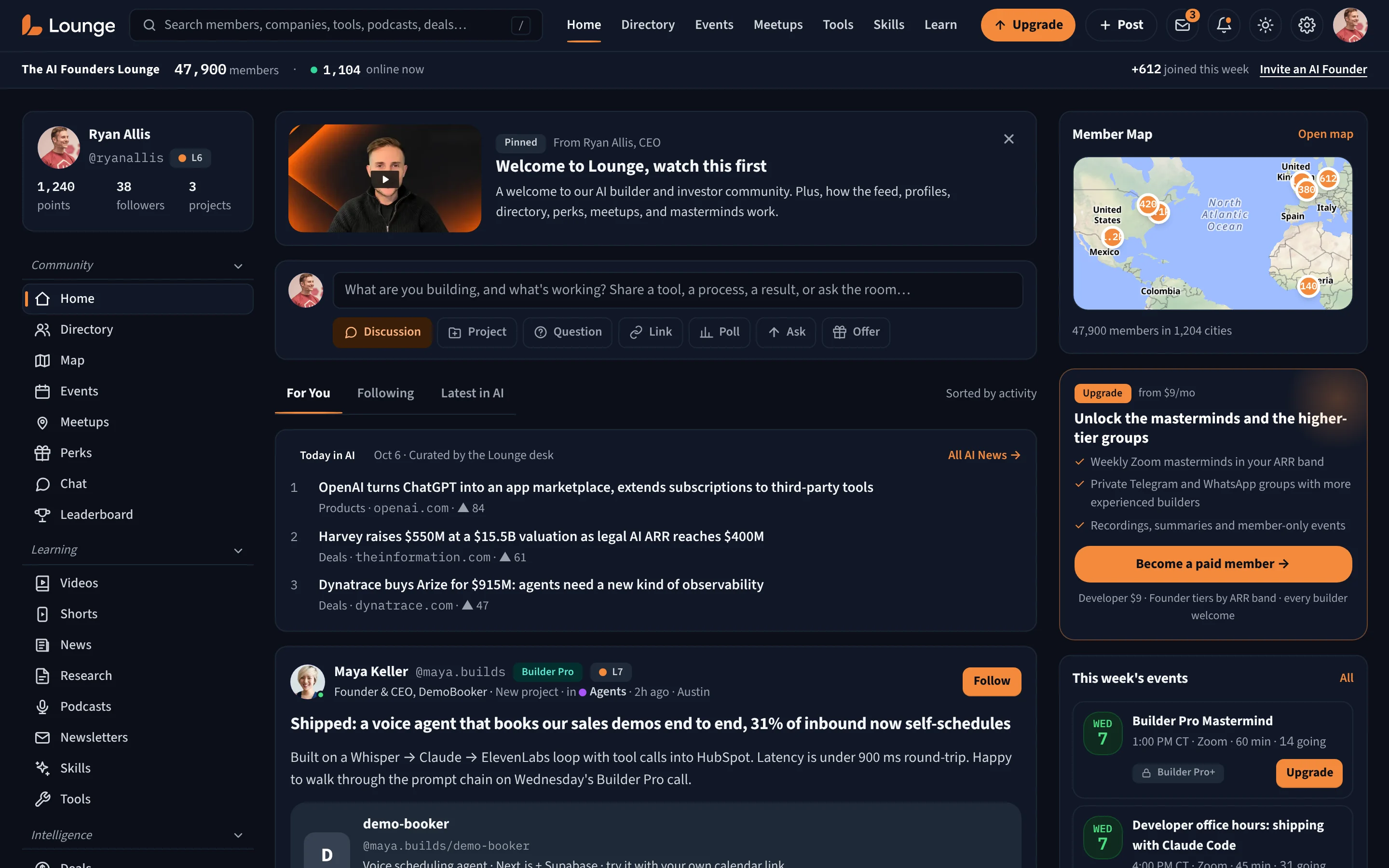 The Lounge.ai home feed in dark mode: the pinned welcome video, composer, Today in AI, a launched-product post, this week's events and new members